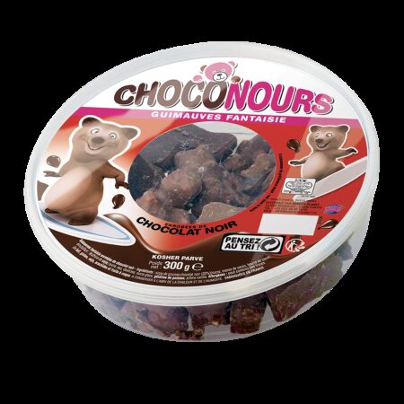 OURSON GUIMAUVE RECOUVERTE D'UNE FINE COUCHE DE CHOCOLAT NOIR.